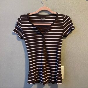 Hollister Brown and Pink Striped Women's  Henley Top - Y2K, Bella Swan Core